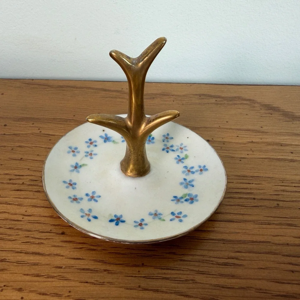Van Gilder Hand Painted Porcelain Ring Holder Tree Blue Floral Gold Trim